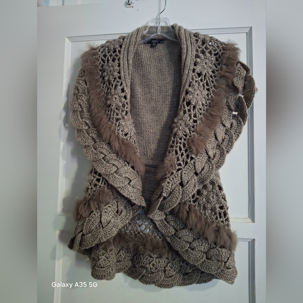 Boho CHIC Brown Ornate Knit Shrug with Cascading Front VEGAN FUR